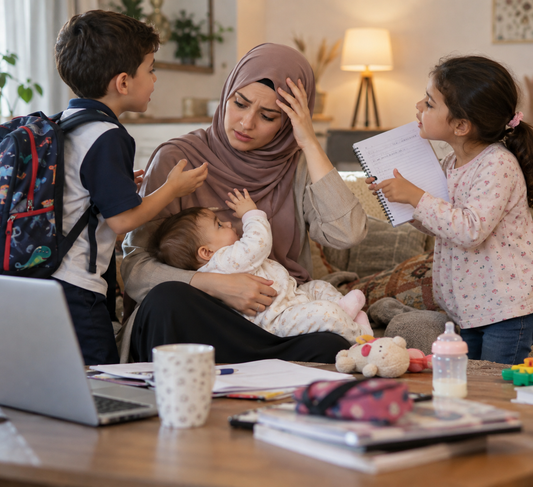    Comment gérer plusieurs enfants sans s'oublier en tant que maman ?      Maman en hijab dans son salon, sollicitée en même temps par trois enfants d'âges différents, avec cartable, cahier et bébé à côté d'elle