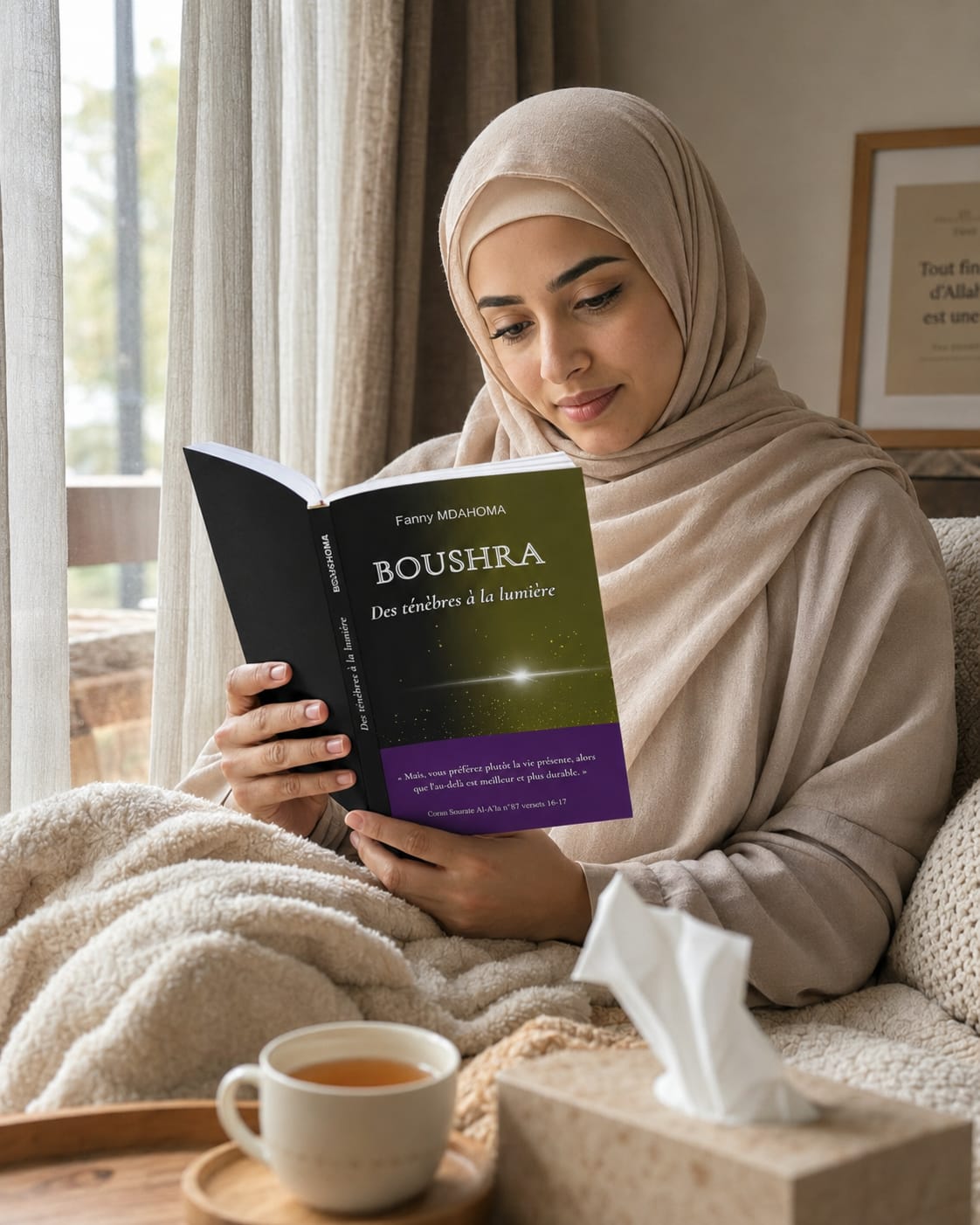 Femme musulmane lisant le livre Boushra sur la perte d'un enfant