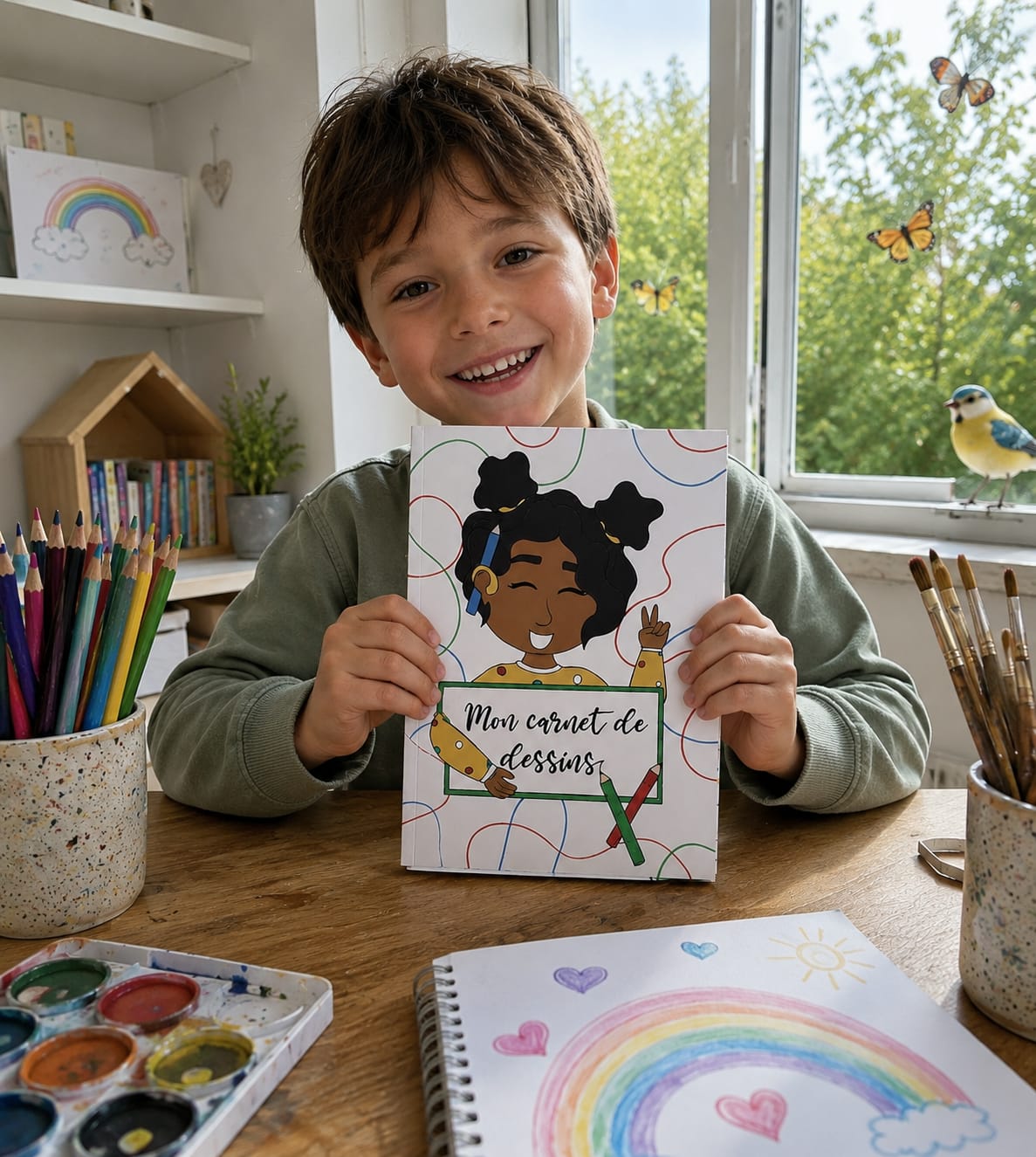 Enfant tenant un cahier de dessin illustré pour développer sa créativité et son imagination