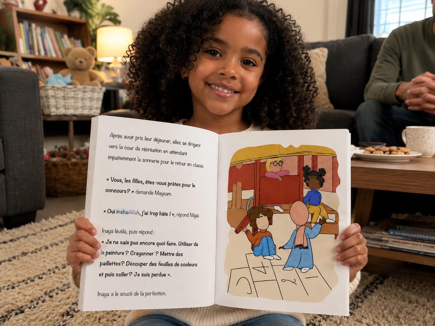 Enfant qui montre un extrait du livre jeunesse musulman « Le Monde d'Inaya – La créativité d'Inaya » sur le thème de la créativité et de la confiance en soi.